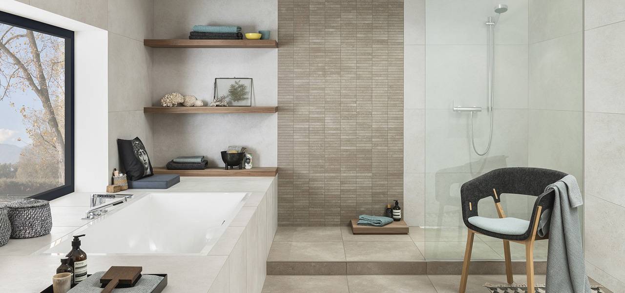 Fliesen Wand+Boden V&B 60x60 Stein-Beton-Optik Hudson White Sand Geläppt
